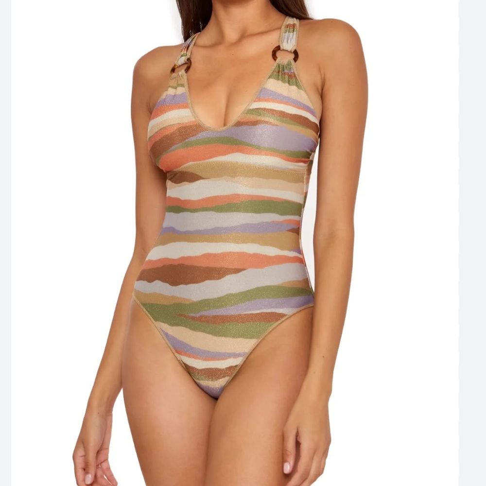 BECCA NWT Canyon View Londyn 1 Piece Swimsuit Small Metallic Stripes Brown Gold